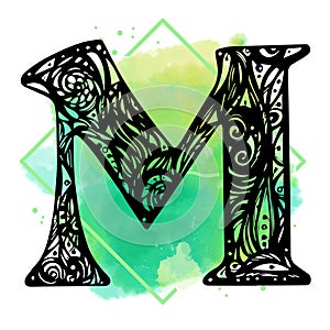 Alphabet Letter M. Watercolor Alphabet. Vector Background. lphabet, Calligraphy, Typography, Monogram.