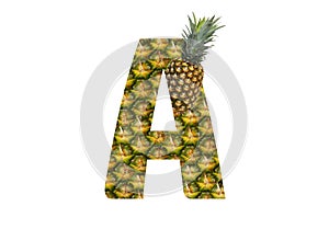 Alphabet letter A made from pineapple on a white background. Tropical fruit pineapple diet summer food