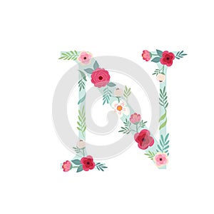 Alphabet letter N with flowers