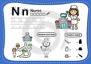 Alphabet Letter N-nurse exercise with cartoon vocabulary