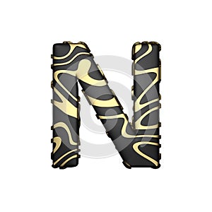 Alphabet letter N uppercase. Black carbonic font with yellow golden stains. 3D render isolated on white background.