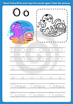 Alphabet Letter O with cartoon vocabulary for coloring book