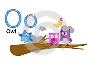 Alphabet Letter O-Owl with cartoon vocabulary illustration