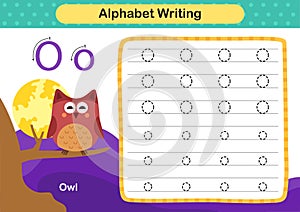 Alphabet Letter O - Owl exercise with cartoon vocabulary