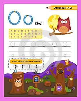 Alphabet Letter O - Owl  exercise with cartoon vocabulary illustration
