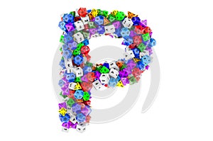 Alphabet letter P, from colored roleplaying dice. 3D rendering