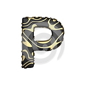 Alphabet letter P uppercase. Black carbonic font with yellow golden stains. 3D render isolated on white background.