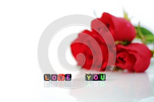 Alphabet letter plastic blocks tile Love You on blurred roses and white background.