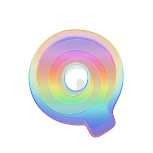 Alphabet letter Q uppercase. Rainbow font made of bright soap bubble. 3D render isolated on white background.