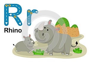 Alphabet Letter R-Rhino with cartoon vocabulary illustration