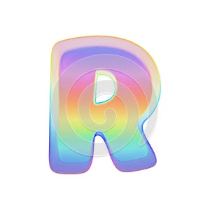 Alphabet letter R uppercase. Rainbow font made of bright soap bubble. 3D render isolated on white background.