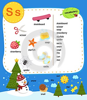 Alphabet Letter S education vocabulary illustration
