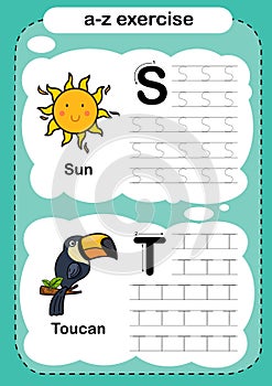 Alphabet Letter S - T exercise with cartoon vocabulary