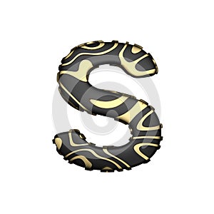 Alphabet letter S uppercase. Black carbonic font with yellow golden stains. 3D render isolated on white background.