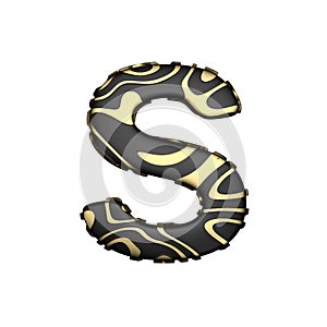 Alphabet letter S uppercase. Black carbonic font with yellow golden stains. 3D render isolated on white background. photo