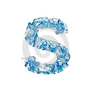 Alphabet letter S uppercase. Liquid font made of blue transparent water. 3D render isolated on white background.