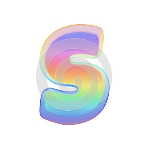 Alphabet letter S uppercase. Rainbow font made of bright soap bubble. 3D render isolated on white background.