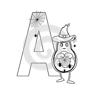 Alphabet, letter A. In the style of halloween and cartoon.Line style. Coloring book for children.