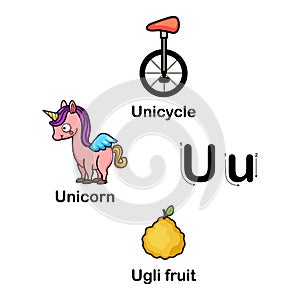 Alphabet Letter U-unicycle,unicorn,ugli fruit