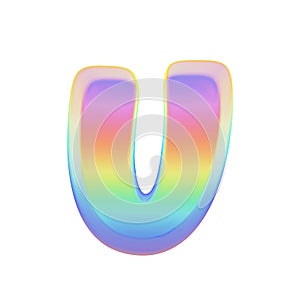 Alphabet letter U uppercase. Rainbow font made of bright soap bubble. 3D render isolated on white background.