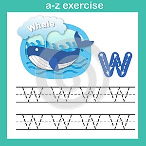 Alphabet Letter W-whale exercise,paper cut concept vector illustration