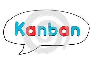 Alphabet letter with word kanban in black line hand drawing as bubble speech on white board