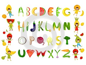 Alphabet Letters Arranged from Fresh and Juicy Vegetable and Fruit Big Vector Set