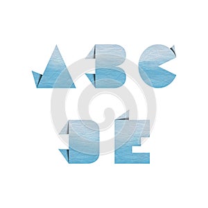 Alphabet letters A B C D E with blue origami paper