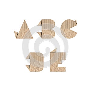 Alphabet letters A B C D E with brown origami paper