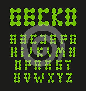 Alphabet letters, connected circles, green color gycon or lizard feet. Unusual vector letter set, abstract font, symbol