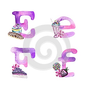 Alphabet letters E and F watercolor illustration, sweets