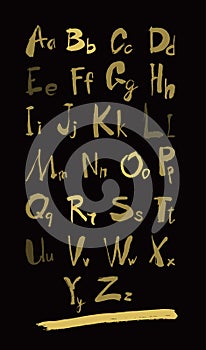 Alphabet letters lowercase, uppercase and numbers gold on black.