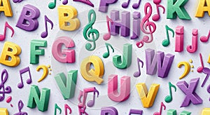 Alphabet letters and musical notes colorful artistic display educational fun learning creative composition
