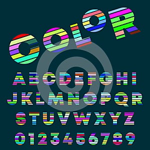 Alphabet letters and numbers color design. Colorful font template. Vector illustration