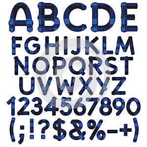 Alphabet, letters, numbers and signs from blue cloth tartan. Isolated vector objects.