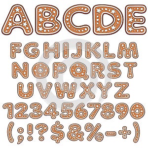 Alphabet, letters, numbers and signs of gingerbread. Isolated colored vector objects.
