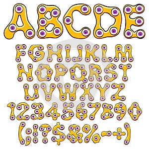 Alphabet, letters, numbers and signs of orange slime with purple eyes for Halloween. Set of isolated vector objects.