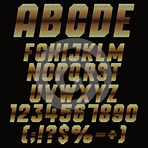 Alphabet, letters, numbers and signs of the pixels with gold gradient. Set of vector isolated objects.