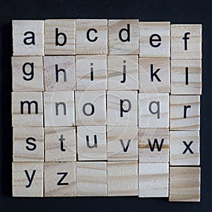 Alphabet letters on wooden scrabble pieces