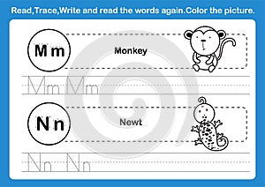 Alphabet M-N exercise with cartoon vocabulary for coloring book