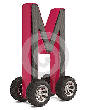 Alphabet M with wheels isolated on white background 3D illustration