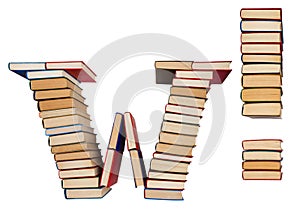 Alphabet made out of books, letter W and exclamation mark