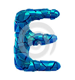 Alphabet made of plastic shards blue color isolated on white background- letter E photo