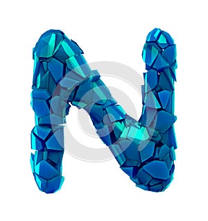 Alphabet made of plastic shards blue color isolated on white background- letter N