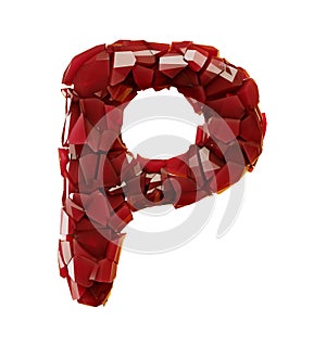 Alphabet made of plastic shards red color isolated on white background- letter P photo