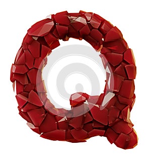 Alphabet made of plastic shards red color isolated on white background- letter Q