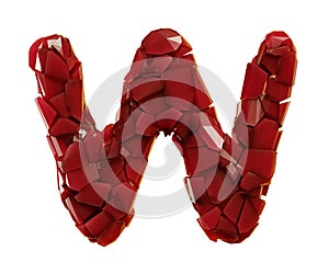 Alphabet made of plastic shards red color isolated on white background- letter W