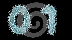 Alphabet made of virus isolated on black background. Set of numbers 0, 1. 3d rendering. Covid font