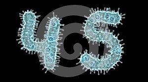 Alphabet made of virus isolated on black background. Set of numbers 4, 5. 3d rendering. Covid font