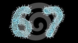 Alphabet made of virus isolated on black background. Set of numbers 6, 7. 3d rendering. Covid font